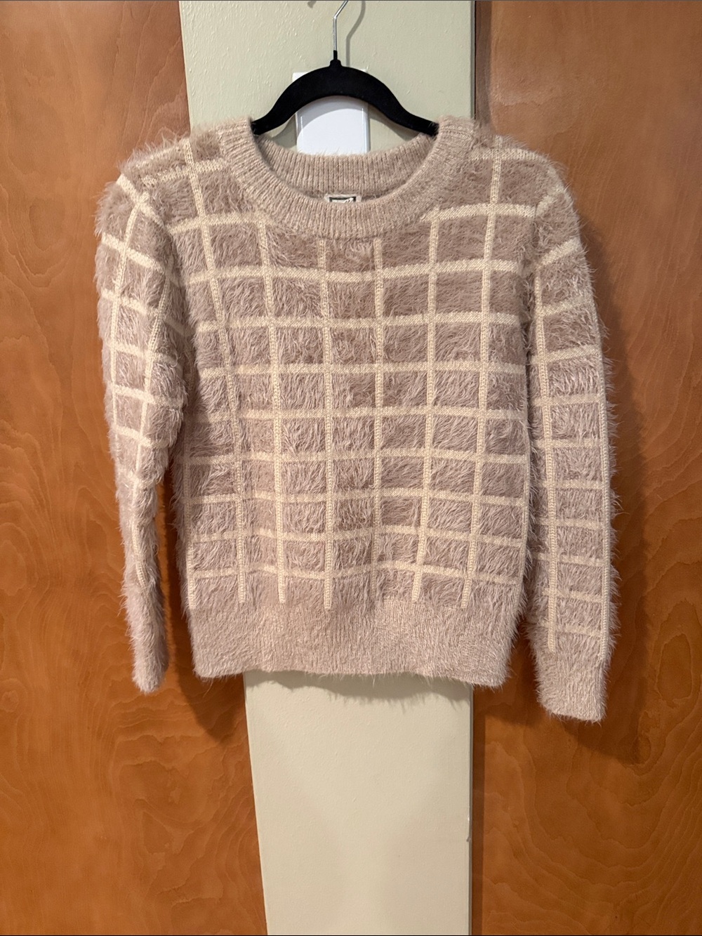 Faux-Fur Grid Crewneck Sweater in Light Pink